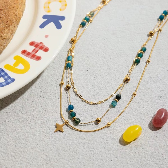 18K Gold Plated Blue Natural Stone & Star Layered Necklace - Picture 5 of 8